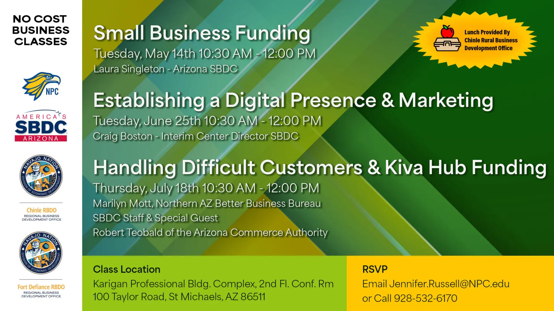 No Cost Business Classes hosted by the Fort Defiance RBDO on May 14th, June 25th, and July 18th. Classes held from 10:30 AM to 12:00 PM; lunch will be provided.