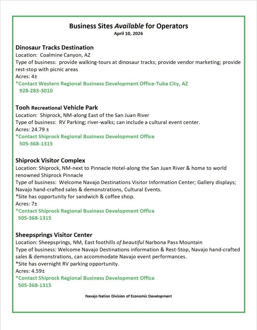 Business sites available for passionate operators! 🌟 The Navajo Division of Economic Development invites tour operators, hospitality ventures, and small businesses to seize this opportunity. 🏞️ Register with the Business Regulatory Department of the Navajo Nation to unlock your full potential! 🚀✨